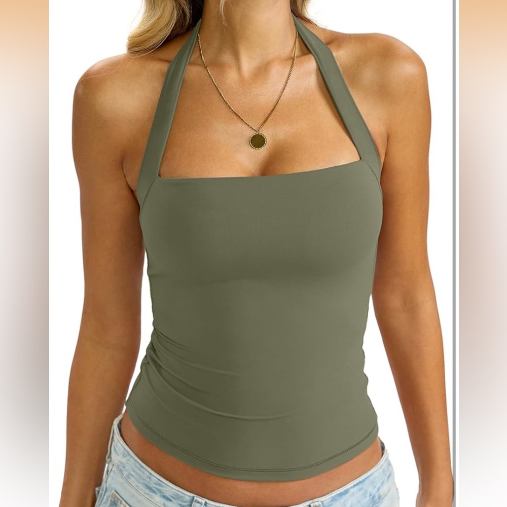 Womens Double Lined Square Neck Halter Tank Sexy Backless Shirt